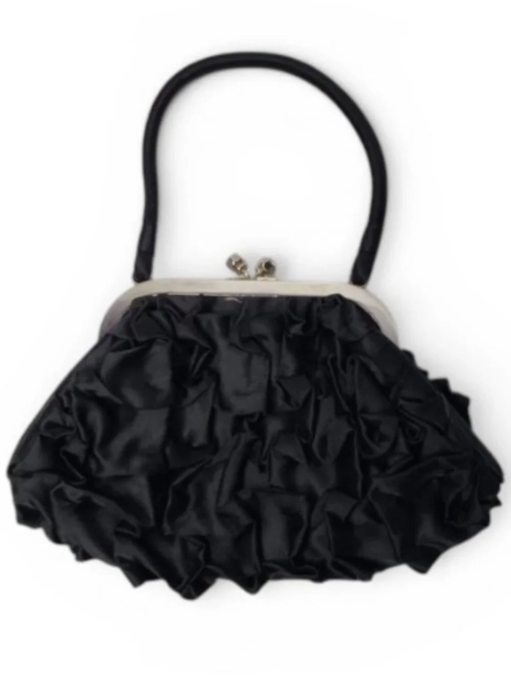 Kate Landry Black Satin Ruffle Mini Satchel Purse Womens Evening Jewel Clasp